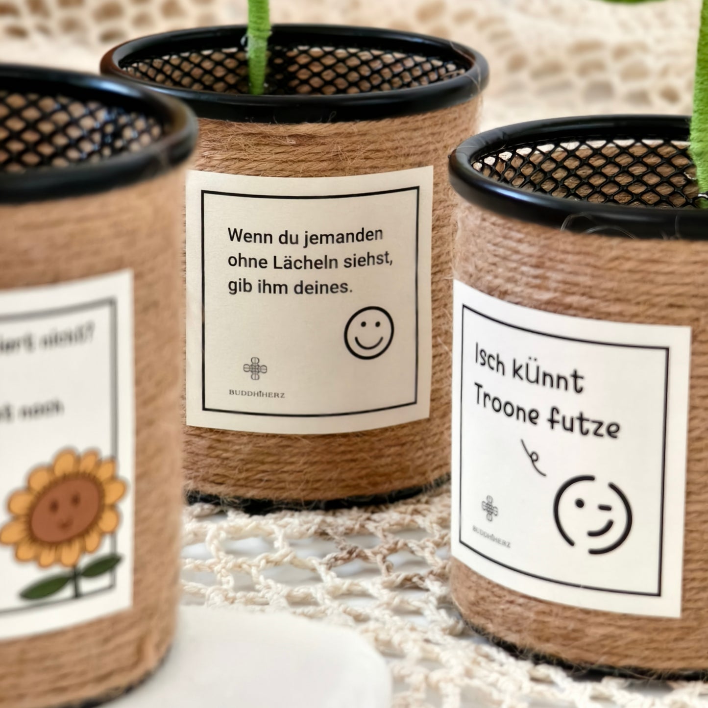 Handgemachter Strick-Sonnenblumen-Stifthalter