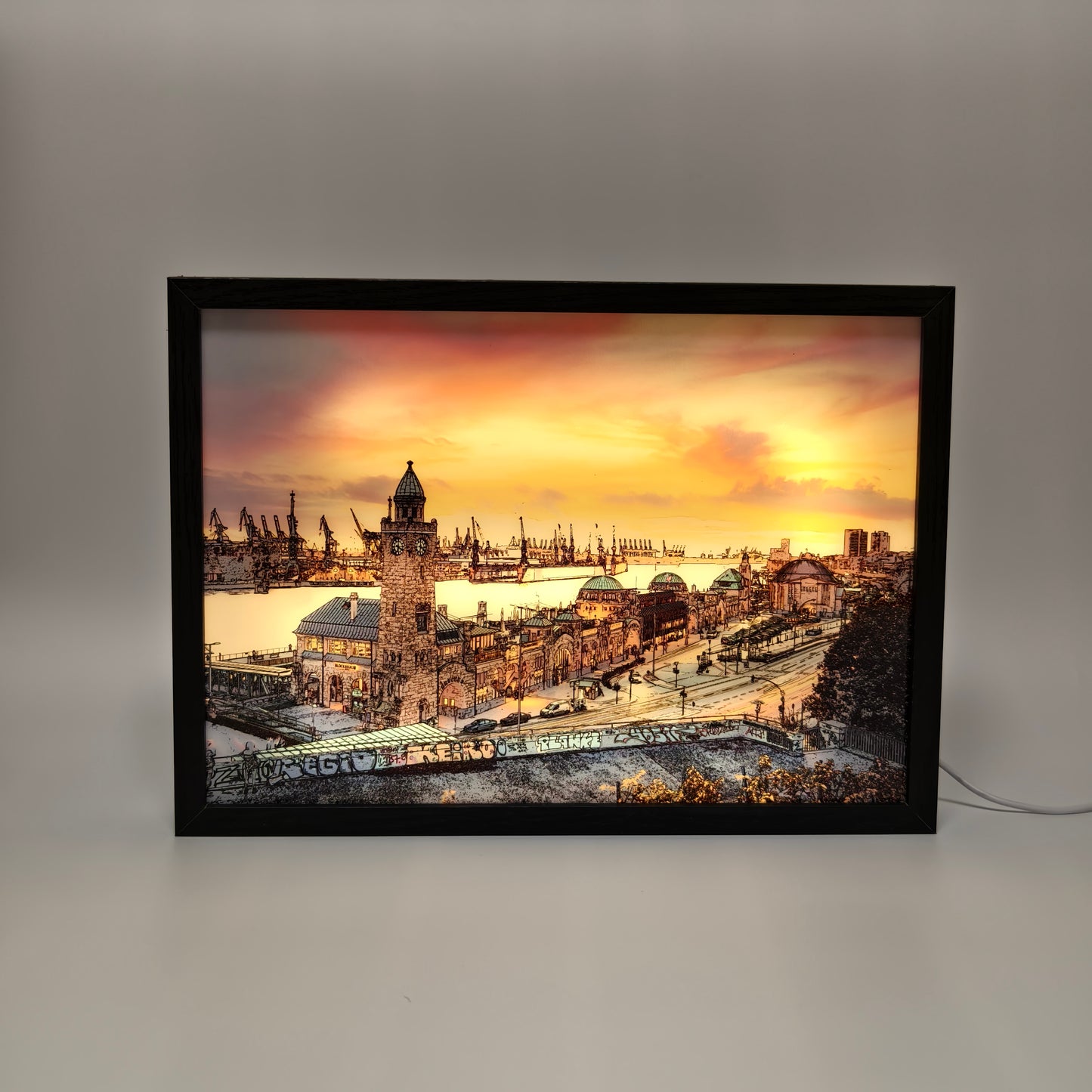 Lampe mit Motivbild, Landungsbrücken Hamburg bei Sonnenuntergang, 3 Lichtstufen