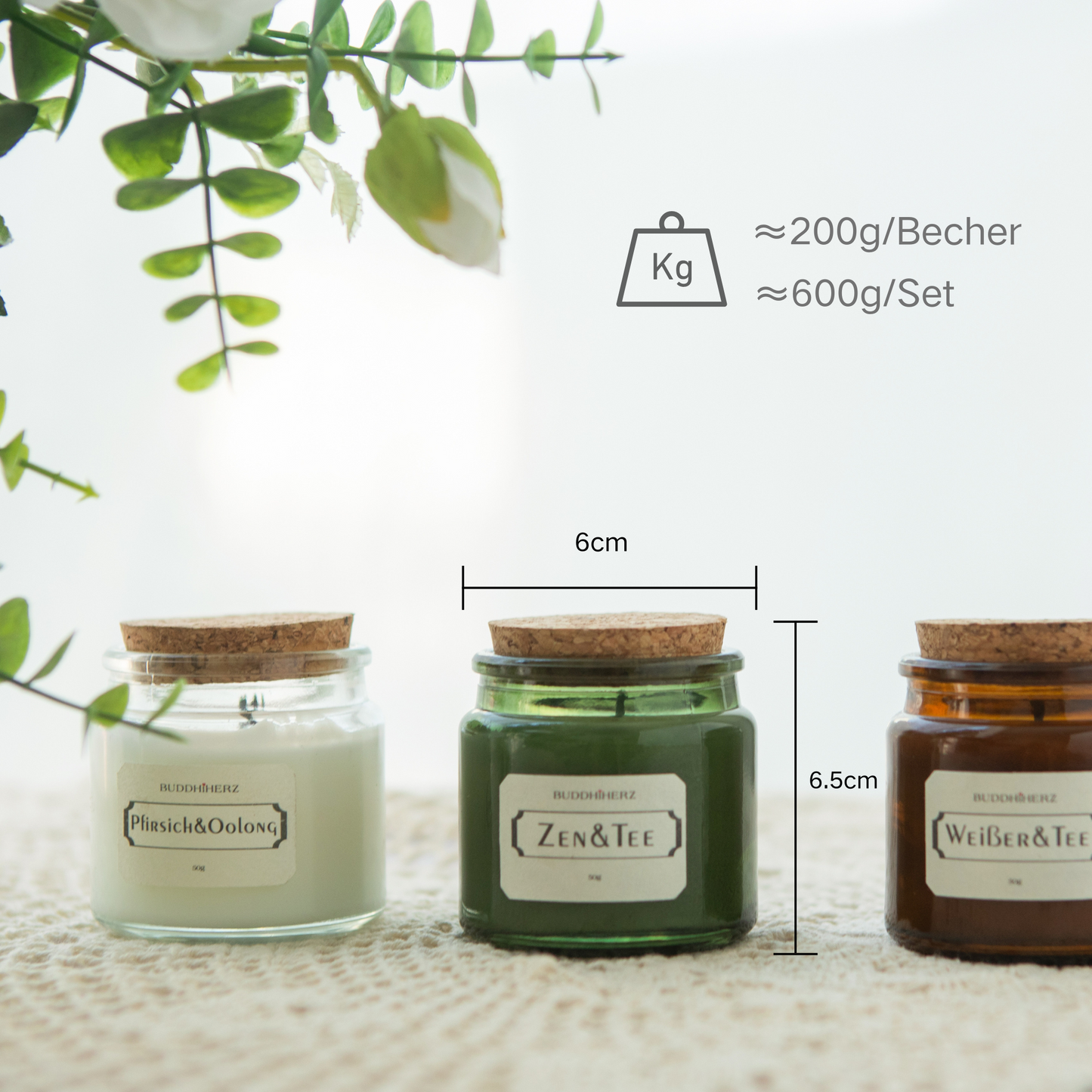 Scented candle, glass with cork, set of 3