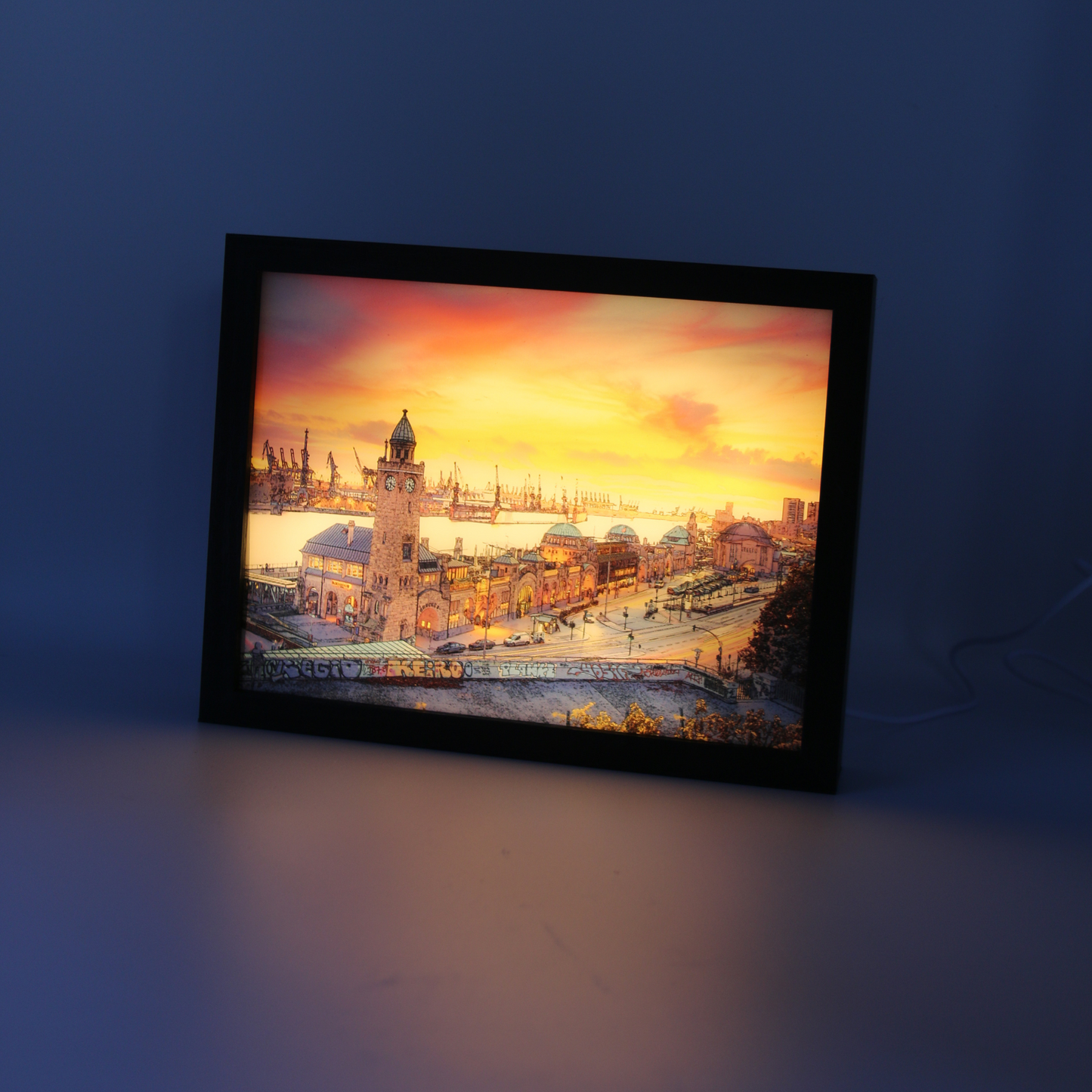 Lampe mit Motivbild, Landungsbrücken Hamburg bei Sonnenuntergang, 3 Lichtstufen