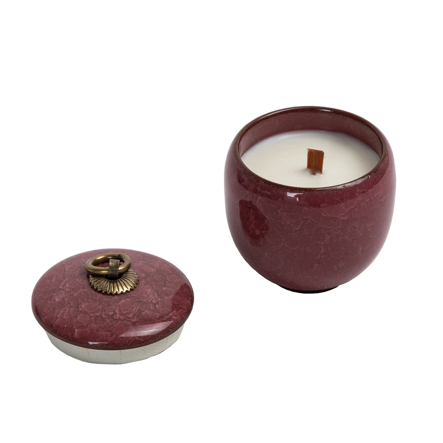 Candle in ceramic tea container with craquelé – rose red