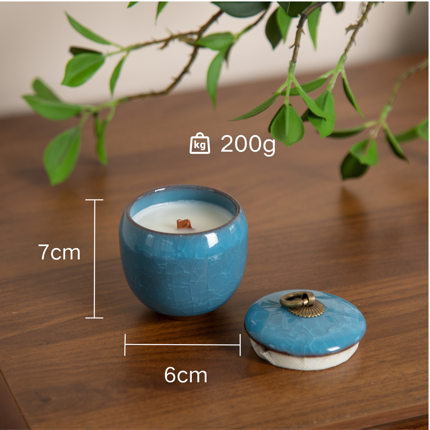 Candle in ceramic tea container with craquelé – sky blue