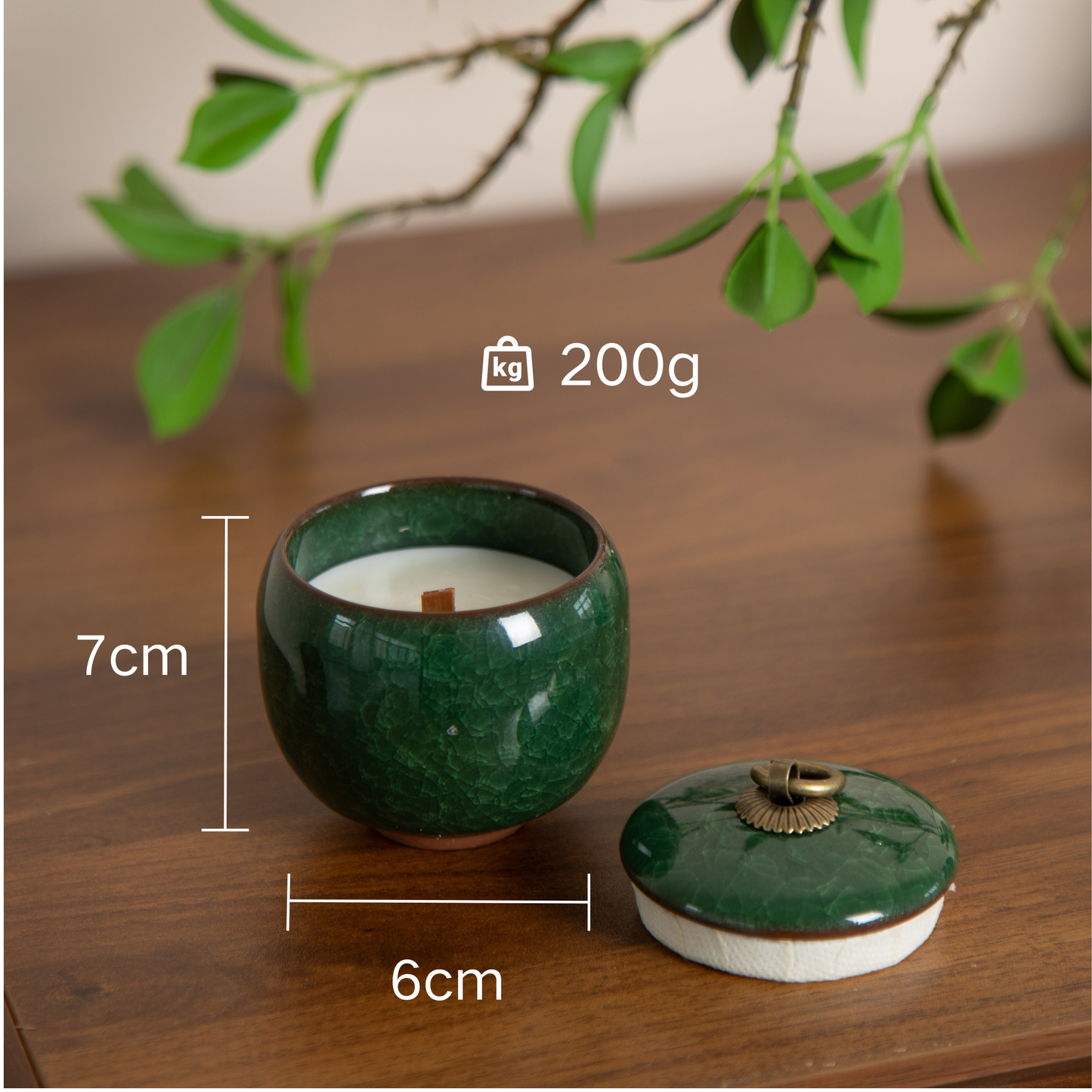 Candle in ceramic tea container with craquelé – peacock green