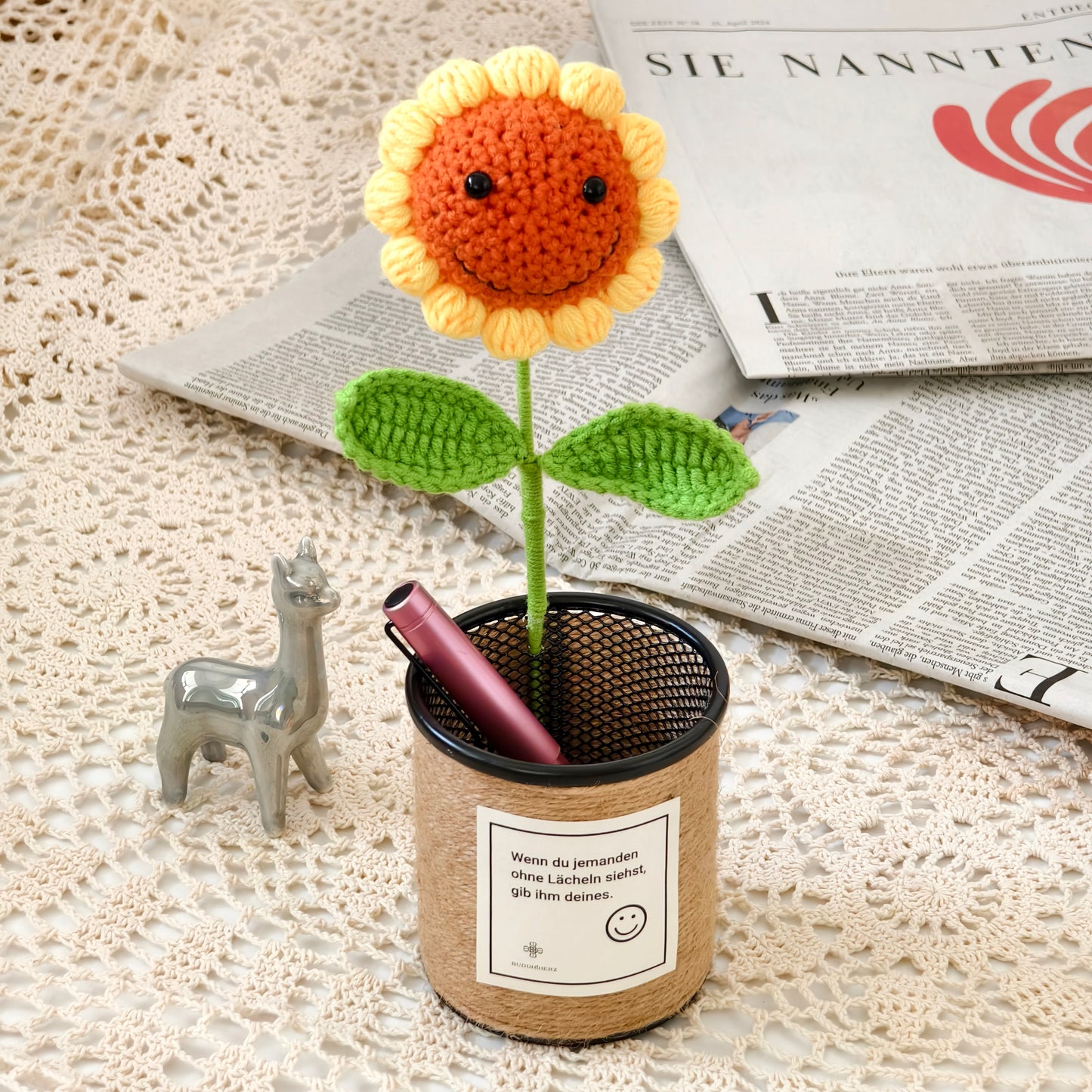 Handgemachter Strick-Sonnenblumen-Stifthalter