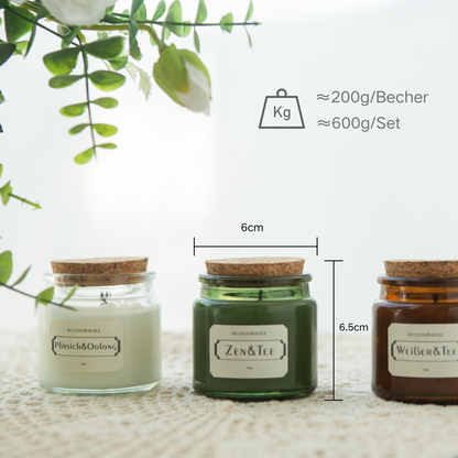 Scented candle, glass with cork, set of 3 