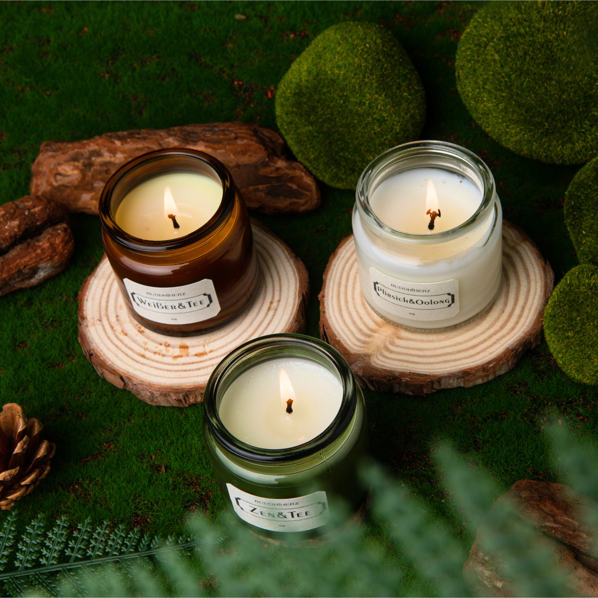 Tee-Duftkerzen, Glas mit Korken (3er-Set) – BUDDHIHERZ