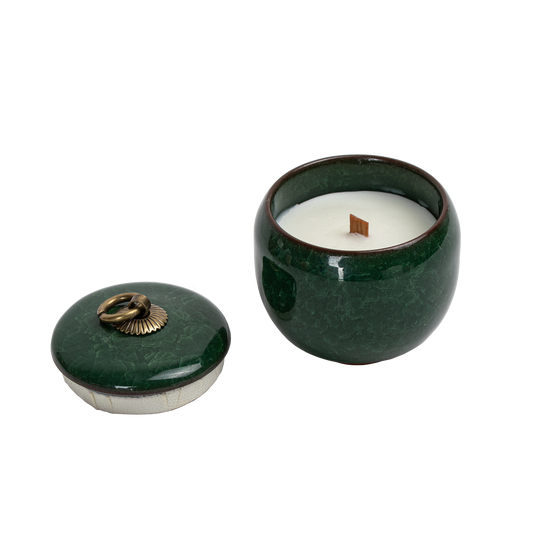 Candle in ceramic tea container with craquelé – peacock green 