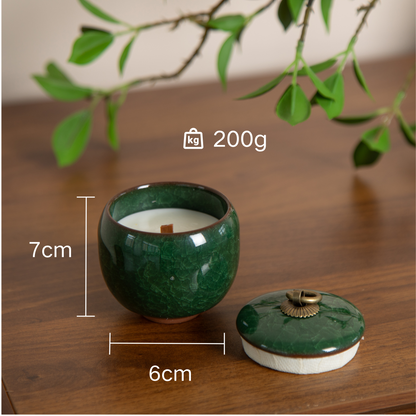 Candle in ceramic tea container with craquelé – peacock green 